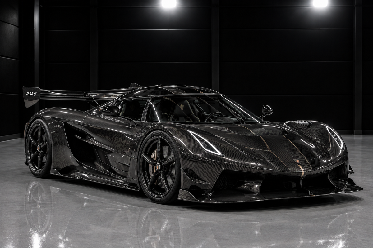 Koenigsegg Jesko in exposed carbon fibre displayed in a luxury automotive studio